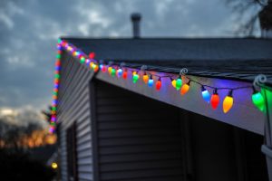 Christmas lights strung on a roof