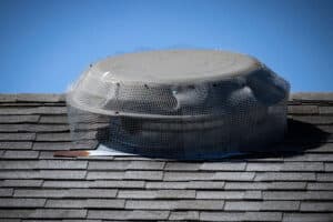 Wire mesh installed on roof top attic fan to prevent rodent entry to attic.