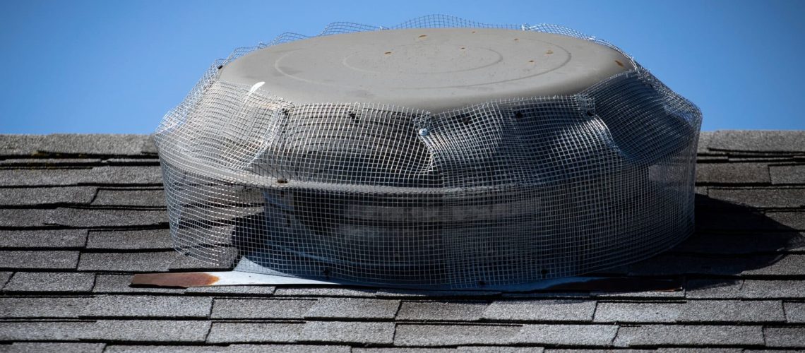 Wire mesh installed on roof top attic fan to prevent rodent entry to attic.