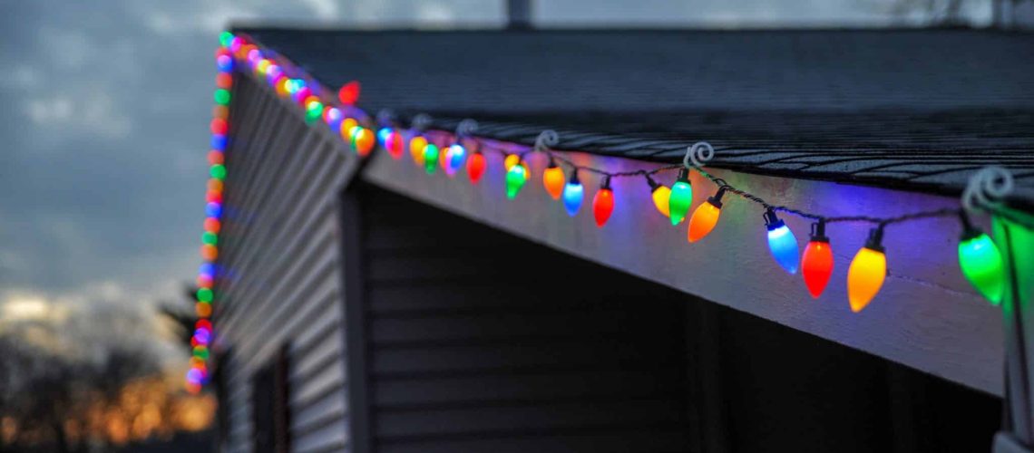 Christmas lights strung on a roof